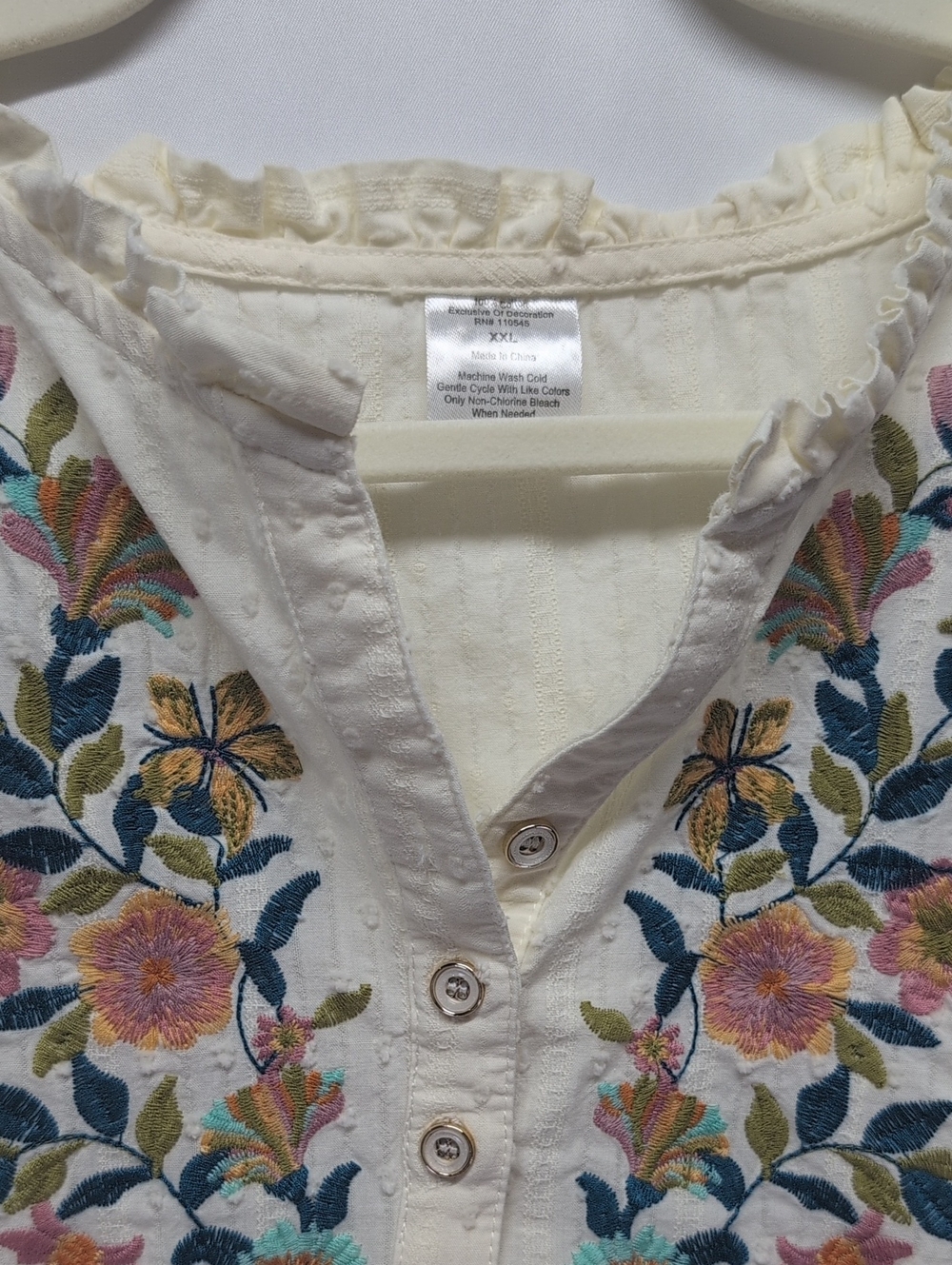 314-💯 Cotton Cream Peasant Top‎ with Multicolor Floral Embroidery - Picture 3 of 6